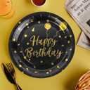 4 x 50Pcs Happy Birthday Black and Gold Paper Plates,7inch Disposable Metallic Foil Polka Dots Disposable Dessert Party Supplies Plates for Graduation Birthday Decorations Party