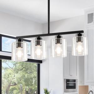 4-Light Kitchen Island Lighting, Black Pendant Light Fixture, Farmhouse Dining Room Light Fixtures Over Table, Modern Hanging Light Fixtures with Clear Glass, E26 Base, Bulbs Not Included