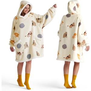 Bedsure Wearable Blanket Hoodie, Sherpa Hooded Blanket Printed for Adult & Kids as Gifts for Women, Mom Gifts Sherpa Hoodie, Standard, Cat, Light Beige