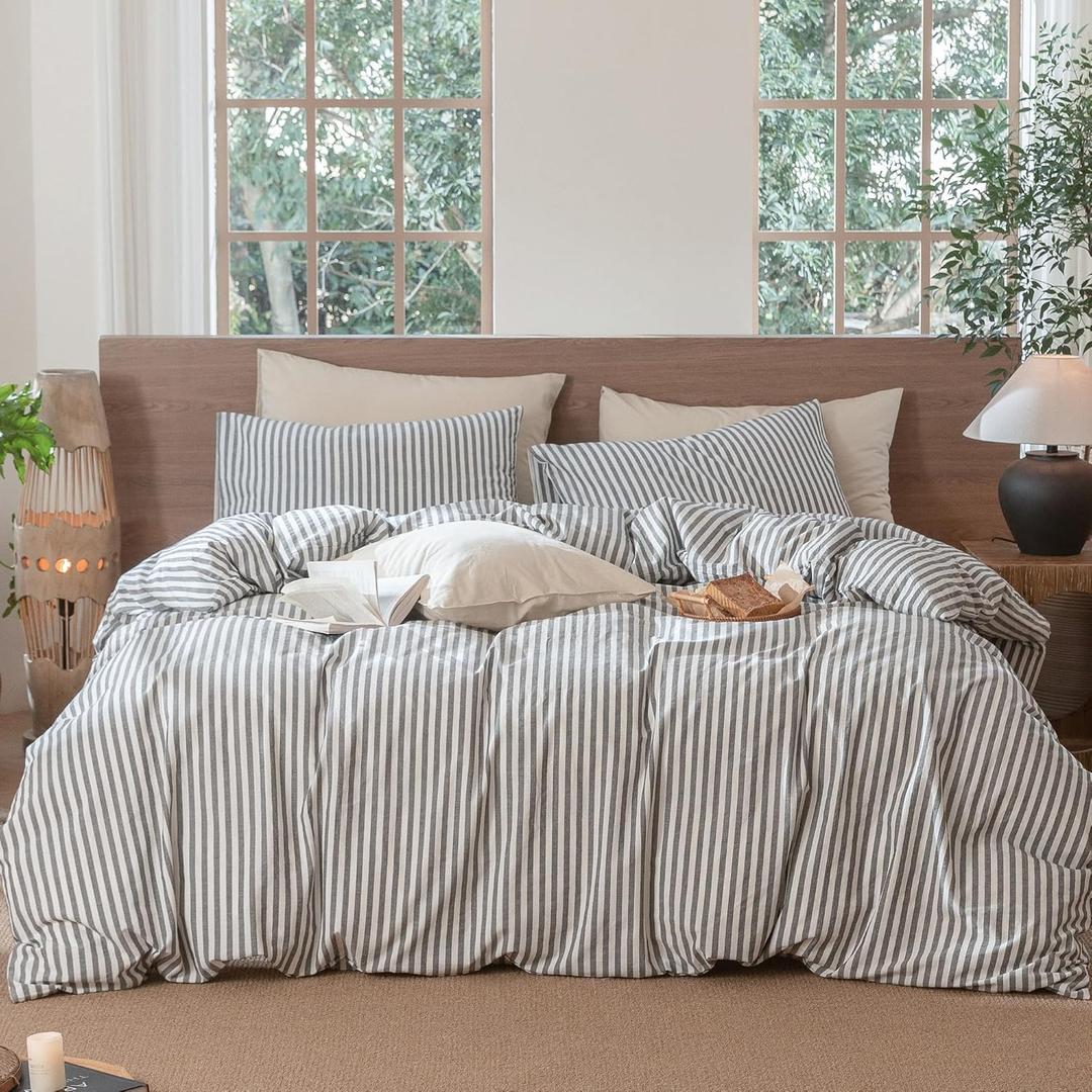 MooMee Striped Duvet Cover Set 100% Washed Cotton Linen Like Textured Breathable Durable Soft Comfy (Dark Grey White Classic Stripes, Cal King 104"x98")