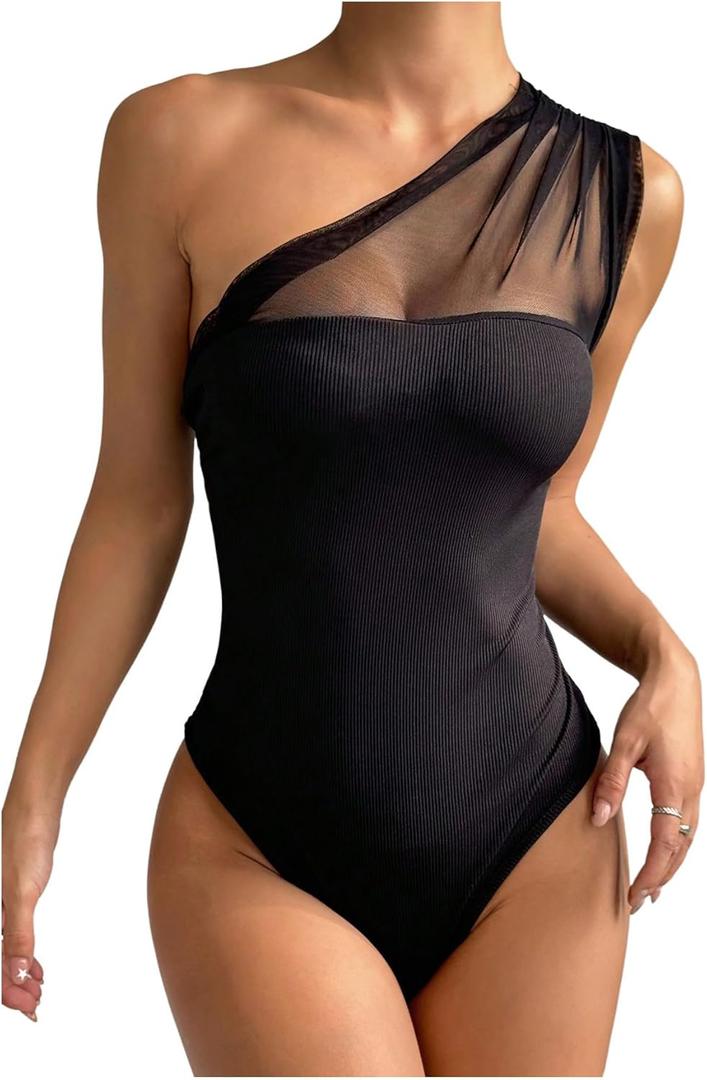 SOLY HUX Bodysuits for Women Mesh Sheer Ruched One Shoulder Sleeveless Summer Bodysuit Tops (Large, Solid Black)