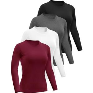 Dalavch 4 Pack Womens Long Sleeve Basic Shirts Crew Neck Slim Fitted Compression Gym Workout Athletic Underscrubs Tops, Medium