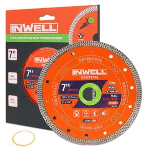 7 Inch Diamond Saw Blade, Mesh Turbo Cutting Wheel for Tile, Porcelain, Ceramic, Granite, Marble - 10mm Segment, Super Thin 1.6mm, 7/8" Arbor with Flange - Dry or Wet Cutting