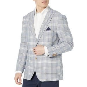 Isaac Mizrahi Mens Men's Slim Fit Linen Blend Check Sport JacketBusiness Suit Jacket, Size 42
