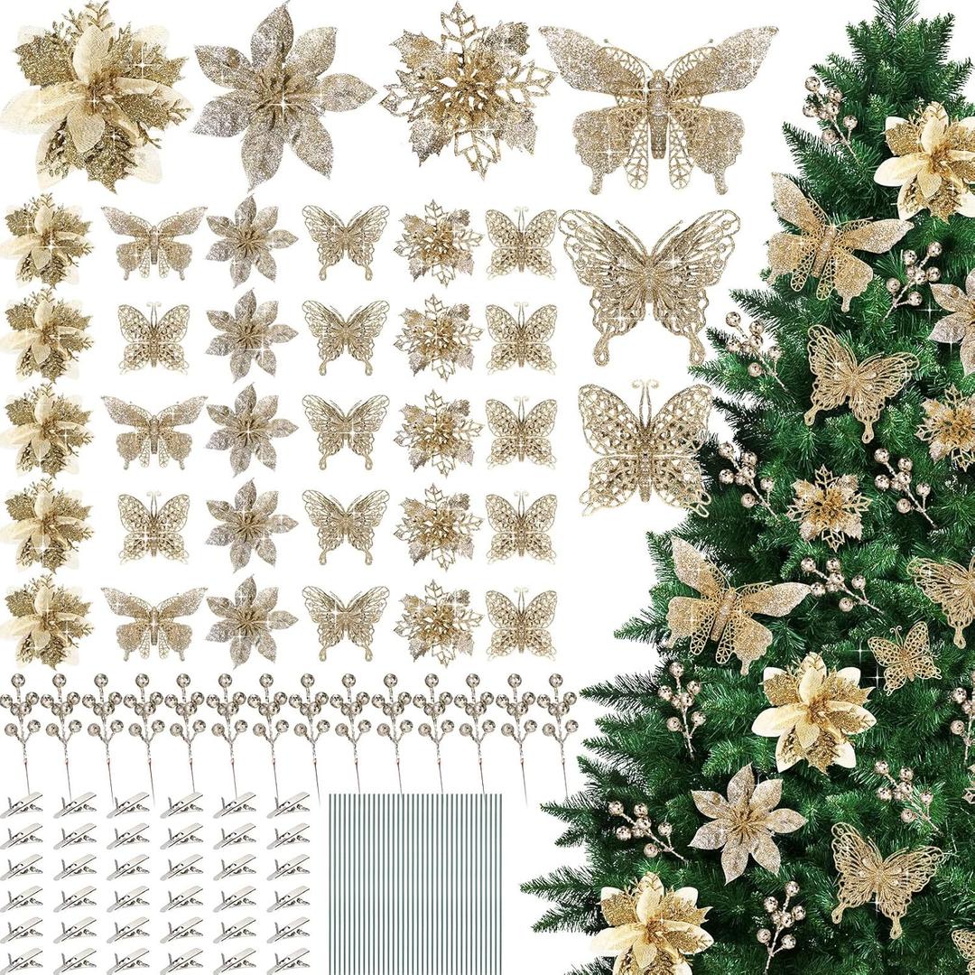 Thiccywoov 122 Pcs Christmas Glitter Poinsettia Artificial Flowers Berry Picks Butterfly Christmas Tree Ornaments 3 Styles Poinsettia kit with Clip for Xmas Wreath Home Tree Decor(Champagne)