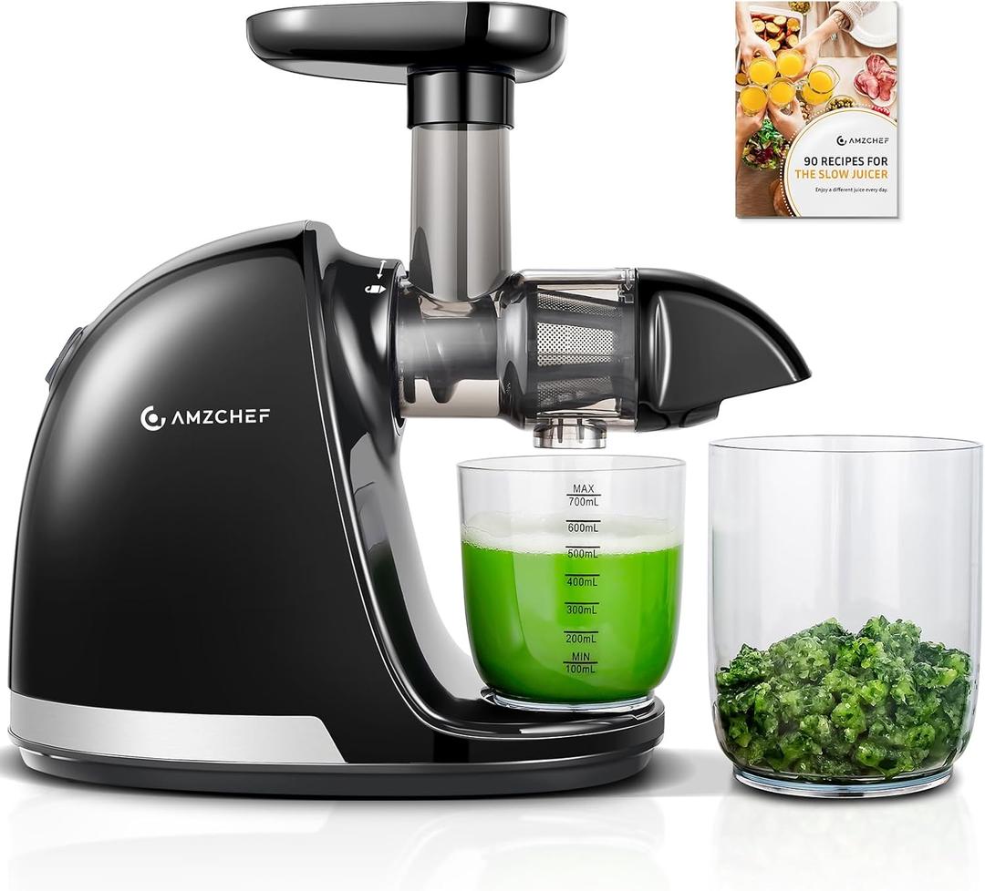 Cold Press Juicer Machines, AMZCHEF Slow Masticating Juicer with Reverse Function, High Juice Yield, Easy Clean with Brush, Recipes for High Nutrient Fruits and Vegetables, Black (Updated)