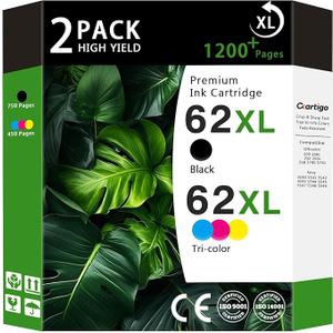 62XL High Yield Ink Cartridges Combo Pack (1 Black/1 TriColor 2Pack) Compatible for HP 62XL 62 Replacement for HP Envy 5540 5640 5660 7644 OfficeJet 5740 5741 8040 200 250 Series Printers