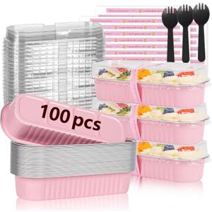 100 Pack Mini Loaf Pans with Lids and Spoons Sealing Sticker, 6.8oz Mini Cake Pans for Baking, Disposable Aluminum Foil Loaf Pans, Pink Loaf Baking Pans, Small Cake Containers With Lids
