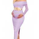 CYCLAMEN Off Shoulder Maternity Mesh Split Dress Ruched Fitted Pregnancy Dresses Baby Shower Photoshoot, Purple, M
