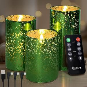 Rechargeable Flameless Candle, Flickering LED Pillar Glass Fake Candle with Remote and Timer, Built-in Battery Real Wax Electronic Candle for Room Decoration, Set of 3 (Green Snowflake Speckle)