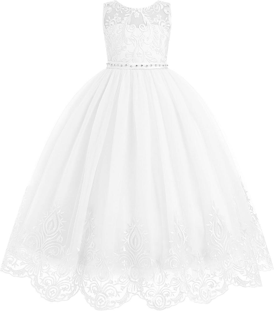 IDOPIP Flower Girl Lace Dress for Kids Wedding Bridesmaid Pageant Formal Party Long Maxi Gown Little Princess First Communion Birthday Prom Graduation V-Back Bow Puffy Tulle Dresses White 13-14 Years