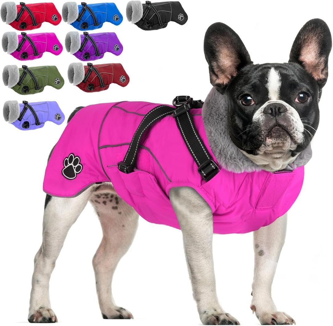 Doglay Dog Coat with Harness, Reflective Warm Dog Jacket Waterproof Puppy Winter Coat for Cold Weather, Adjustable Fleece Jacket for Dogs (Pink, Medium)