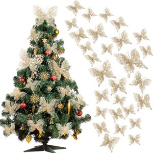 Jutom 36 Pcs Christmas Tree Butterfly Ornaments 3 Sizes 3D Glitter Hollow Butterfly Decorations Xmas Butterflies Wall Hanging Decor with Clips and Stems for Christmas Tree Wreath (Champagne Gold)
