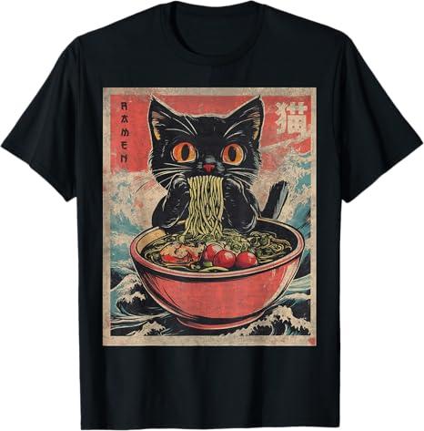 Anime Shirt For Men Women Kids Cat Ramen Noodles Unisex Anime Cat Ramen Japanese Funny Graphic Tees Kawaii Cat Anime Gifts TShirt Black XS