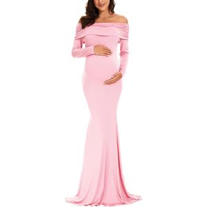 Glampunch Off Shoulders Maternity Dress Long Sleeve Ruched Maternity Gown Baby Shower Photography Pregnant Dress (Small, Pink)