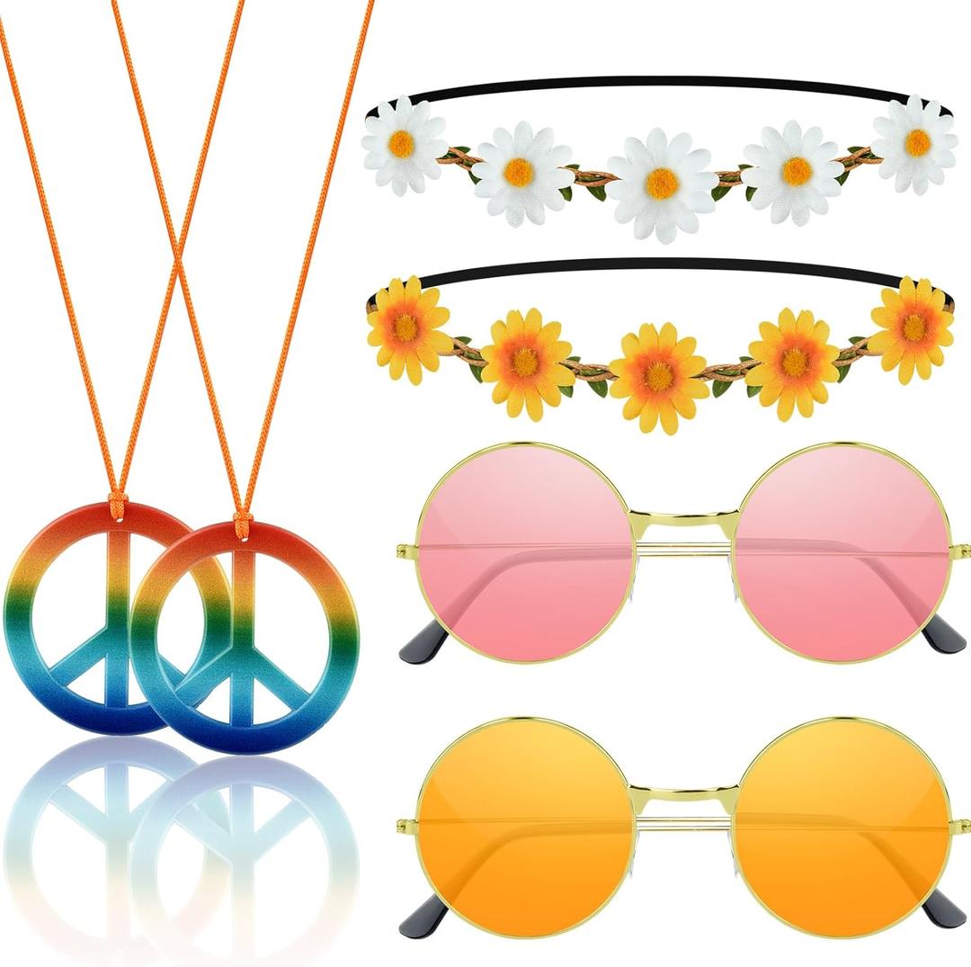 NEBURORA Hippie Costume Accessories Set 60s 70s Daisy Headband Peace Sign Necklaces Hippie Sunglasses for Carnival Party