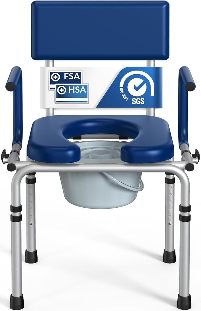 Drop Arm Bedside Commode, Commode Toilet with Padded Seat and Backrest, 400lbs Capacity, 6.3QT Removable Bucket and Splash Guard, Adjustable Height Portable Toilet for Adults, Blue