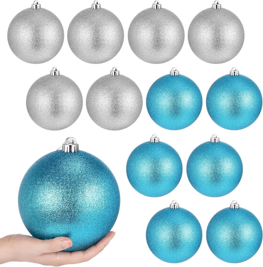 Poen 12 Pcs 6 Inch Large Christmas Ball Ornaments Glitter Extra Large Christmas Ornaments Giant Xmas Balls Tree Decorations with Hanging Loop for Xmas Holiday Party Decor (Blue,Silver)