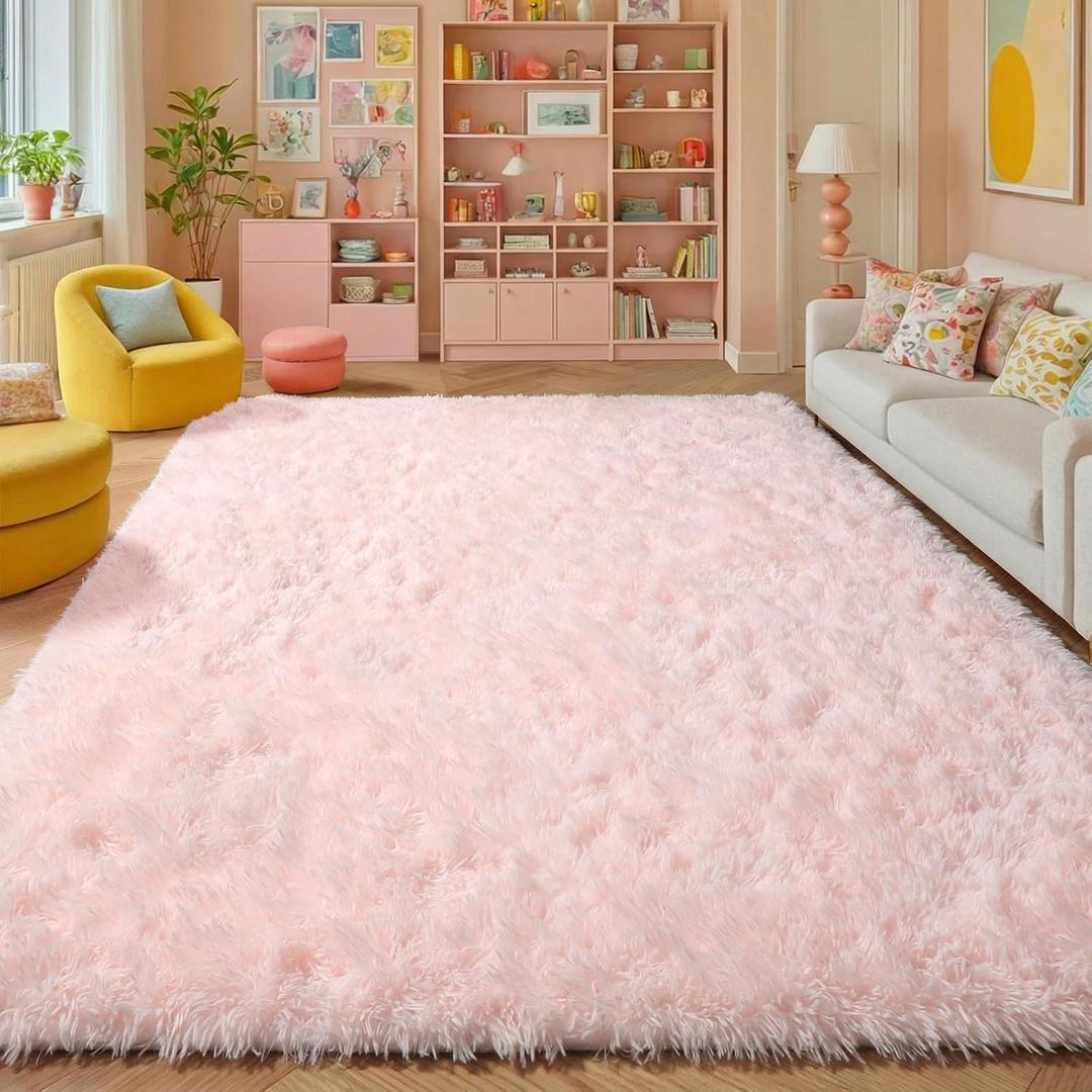 Amdrebio Pink Area Rugs 8x10 for Living Room, Large Fluffy Shag Rug for Bedroom, Kids Room Decor, Big Cute Furry Carpet for Teen Girls, Baby Nursery, Classroom, Soft Fuzzy Cozy Carpets for Playroom
