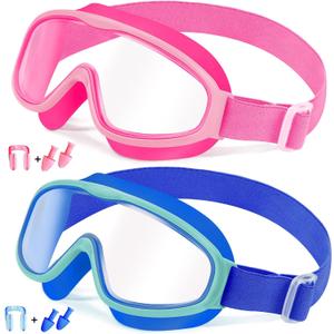Vvinca Kids Goggles with Comfort Fabric Strap, Kids Swim Goggles Wide View Anti-Fog/UV No Leaking Swimming Goggles for 3-14 (05-blue Mint Green& Pink)