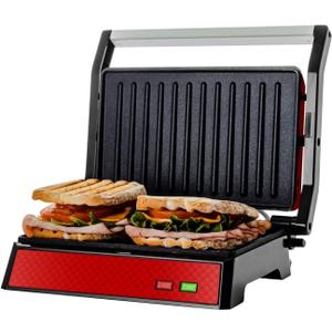 OVENTE Electric Indoor Panini Press Grill and Sandwich Maker with Non-Stick Coated Plates, Cool-Touch Handle and Removable Drip Tray, Opens 180 Degrees to Fit Any Type or Size of Food, Red GP0620R