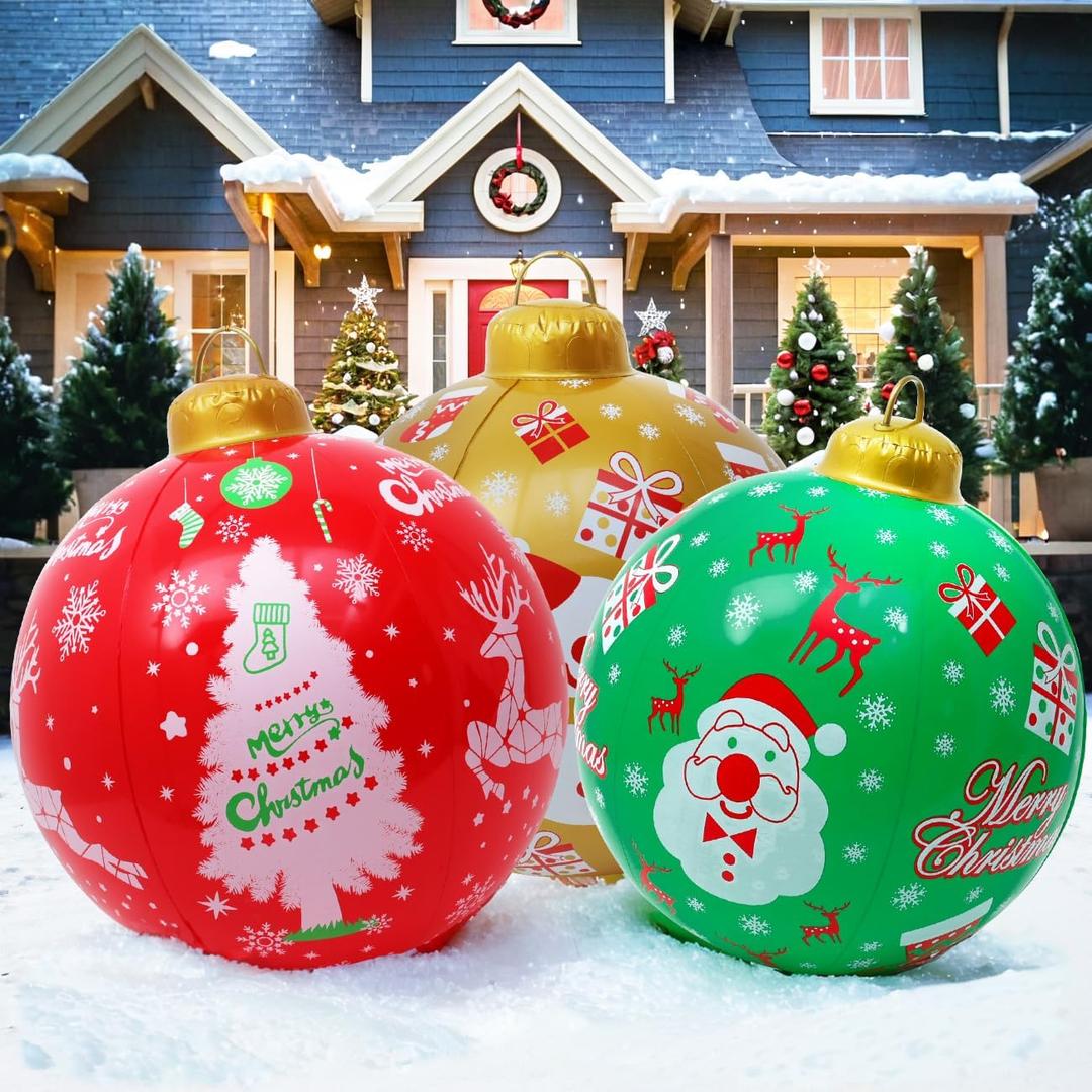 Seasons 3Pcs Outdoor Christmas Decorations, 24 Inch Large Inflatable Christmas Balls, Christmas Ornaments Decor for Front Door Yard & New Year Festive