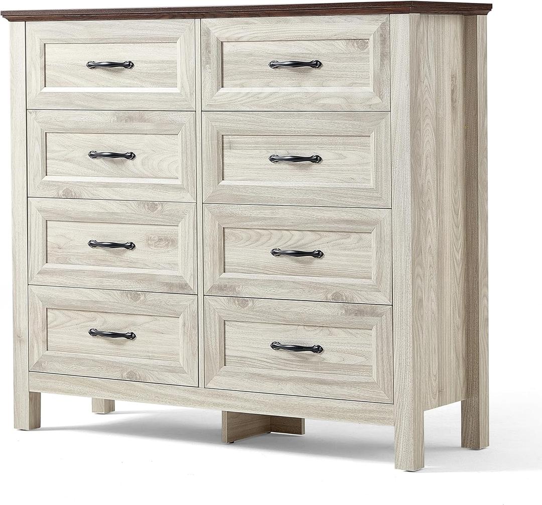 LINSY HOME Dresser for Bedroom with 8 Drawers, Updated Wide Chest of Drawers, Modern Farmhouse Bedroom Tall Dresser with Storage Organizer, Wooden Dressers for Living Room, Beige (15.7"D x 47.3"W x 42.2"H (8 Drawers))