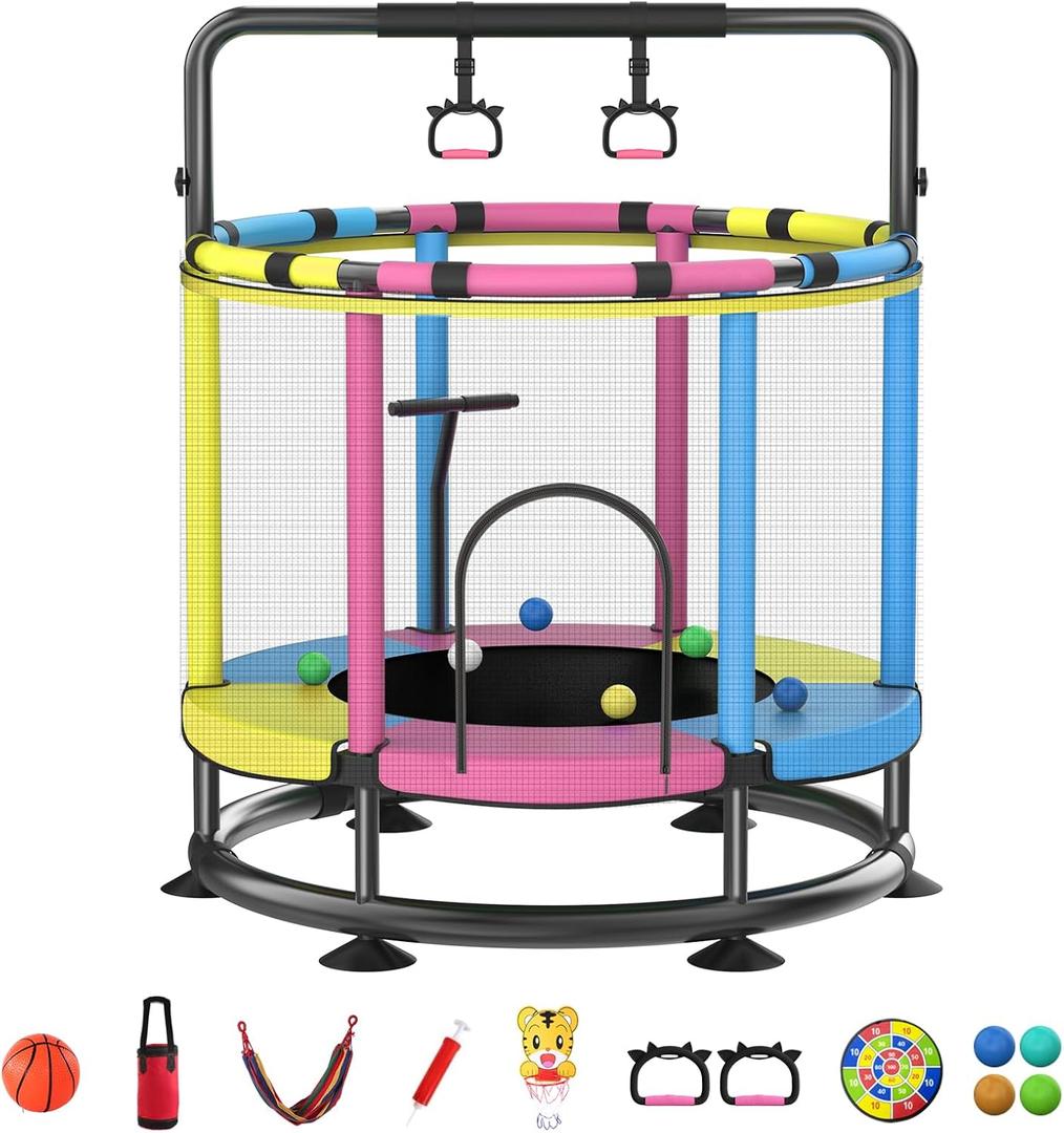 Trampoline for Kids, Full Anti-Rust 440lbs Anti-Rollover Round Bottom Toddler Trampoline, T-handrail Adjustable Baby Toddler Trampolines Dart Board (55, Yellow Pink Blue)