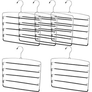 JAPCHET 6 Pack Non Slip Space Saving Pants Hangers - 5 Layers Stainless Steel Swing Arm Clothing Hangers Closet Organizer for Scarfs, Trousers, Ties, Black