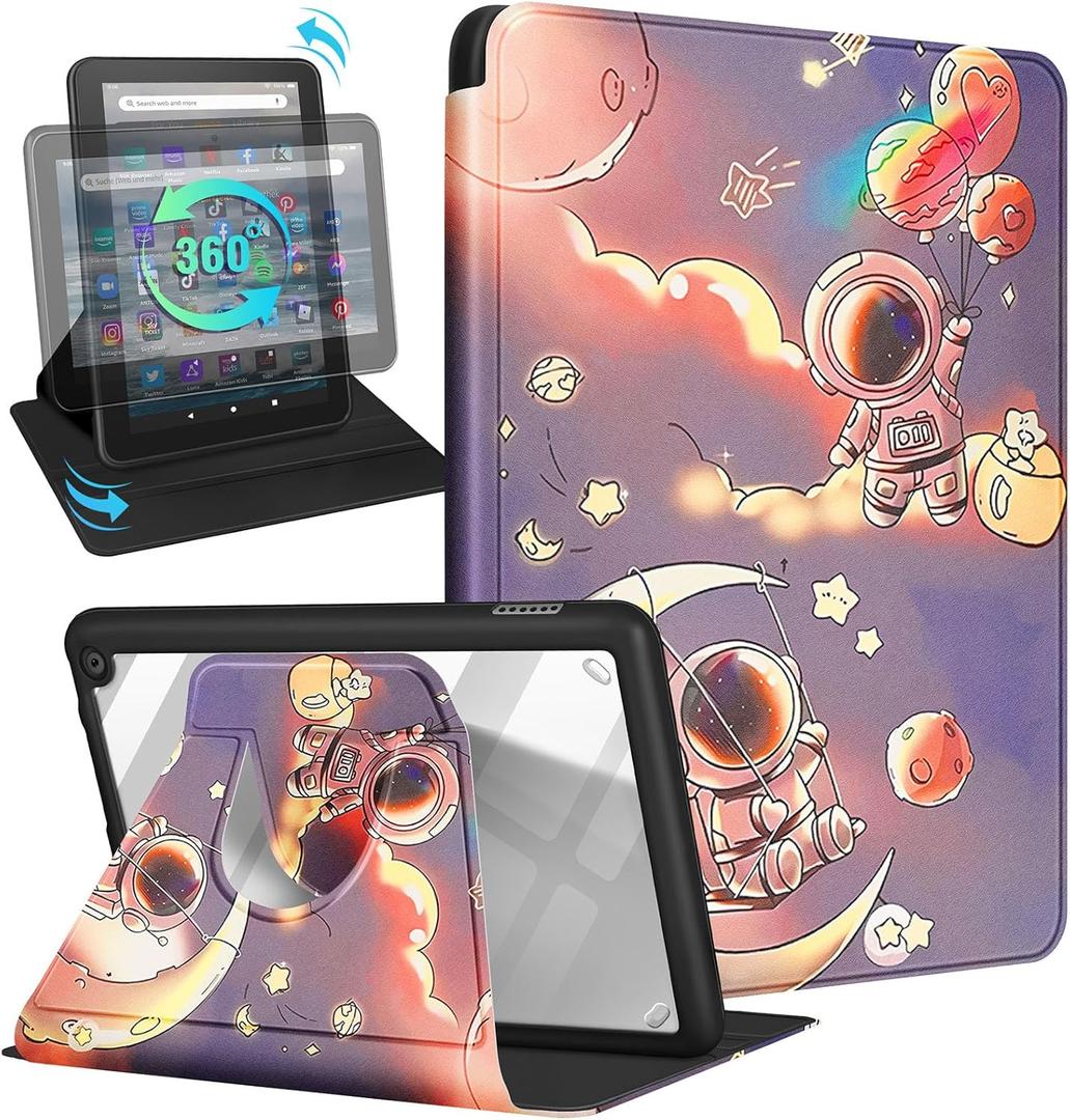 Kidcube for Amazon Kindle Fire 7 Tablet Case 12th Generation 2022 Release for Women Girls Boys Cute Folio Cover Cartoon Astronaut Design Rotating Stand with Auto Wake/Sleep for Kindle Fire 7 Cases 7"