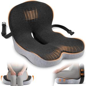Seat Cushion, Office Chair Cushions for Tailbone Relief, Seat Cushions for Office Chair with L-Shaped Ergonomic Design & Adjustable Strap, Memory Foam Chair Cushion for Long Sitting Worker(Black Gray)
