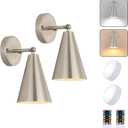 MWZ Brushed Nickel Battery Operated Wall Sconces Set of Two,Wireless Lighting with Remote Control, Modern Dimmable 2 Color Temperatures Adjustable Angle Wall Mount Lamp with Silver Metal Shade