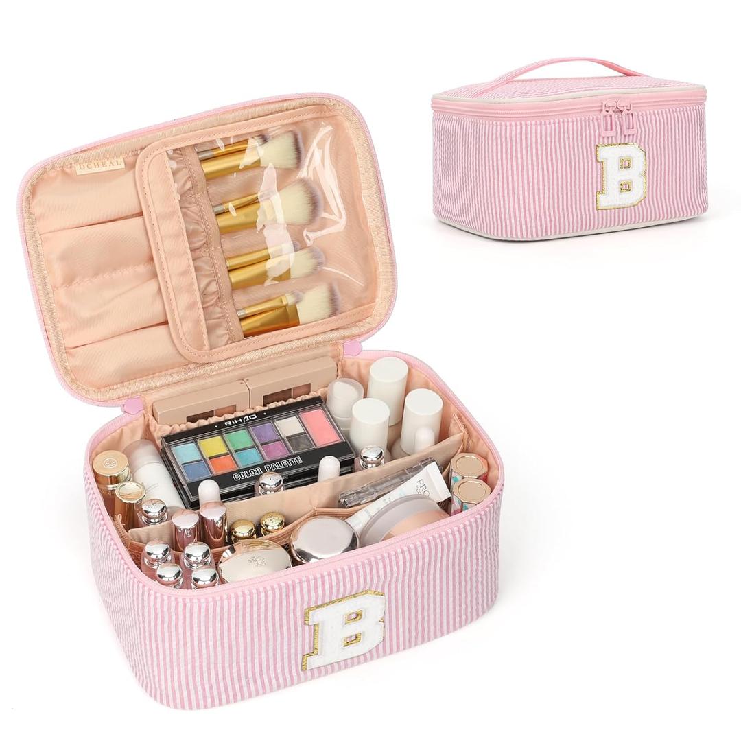 OCHEAL Makeup Bag Valentines Day Gifts for Women, Monogram Cosmetic Bag Pink Travel Makeup Case Beauty Toiletry Bag Organizer Personalized Gifts for Girls Bridesmaid, Sister, Wife, Friends Initial B