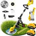 2026 New 30000 RPM Brushless Cordless Weed Wacker with Wheels, 12-Inch Battery Powered Electric Weed Eater, 4-in-1 Grass Trimmer, Brush Cutter, Stringless Weed Trimmer & Lawn Edger (1, Yellow)