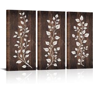 HOMEOART Rustic Brown Leaf Print Farmhouse Kitchen Wall Decor Leaf Decor Picture Botanical Art Bathroom Bedroom Living Room Dining Room Decoration, Framed 8x16inch 3Pieces
