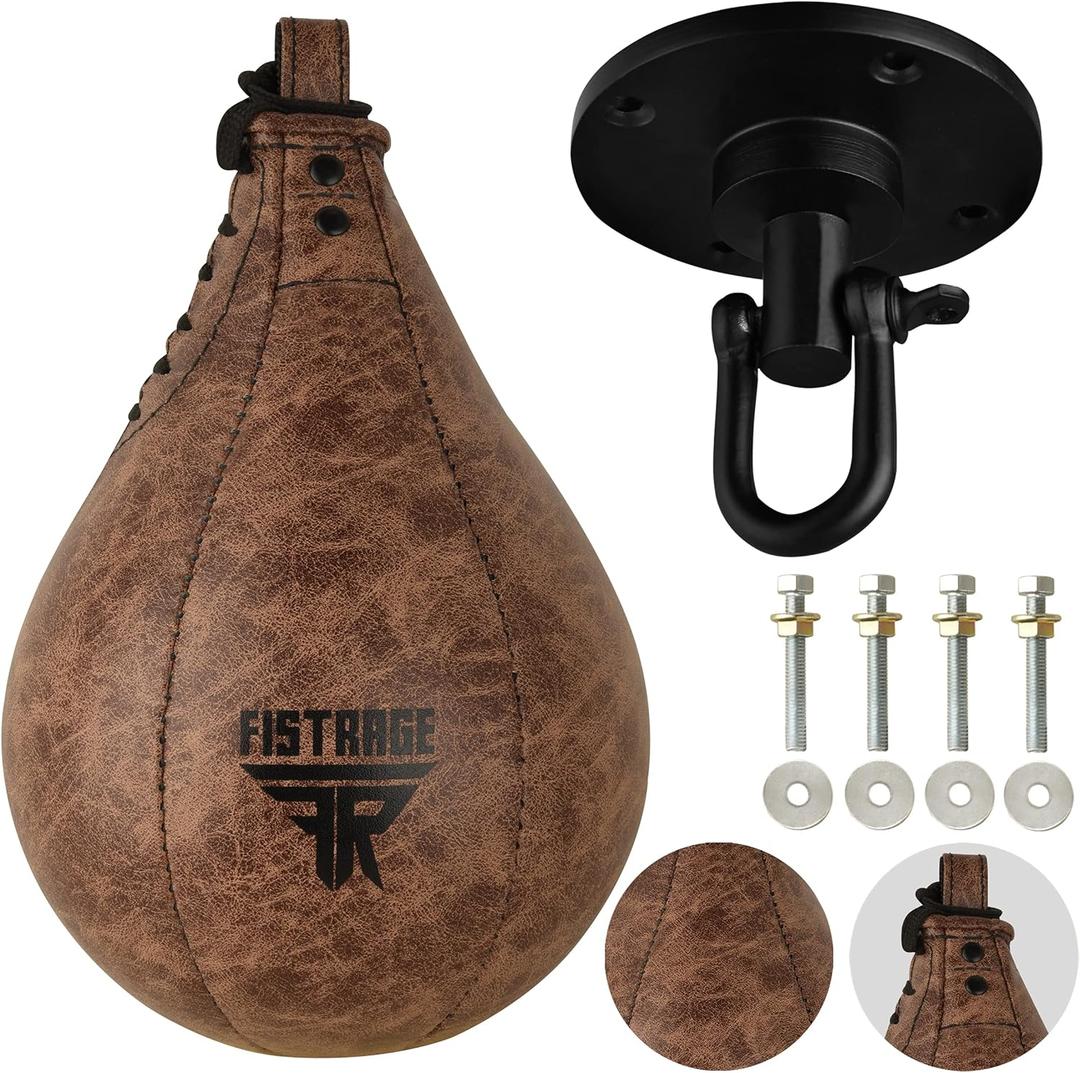 Speed Ball Boxing Bag Leather MMA Muay Thai Training Punching Dodge Striking Kit with Free Hanging Swivel Workout Speedball Kicking Platform Equipment (Black)