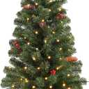 4FT Pre-lit Artificial Potted Christmas Tree with 50 LED LightsSmall Fake Spruce Tree,Xma Pine Cones Tree Decorated with 140 Branch Tips, Pine Cones&Red Berries, Plug in