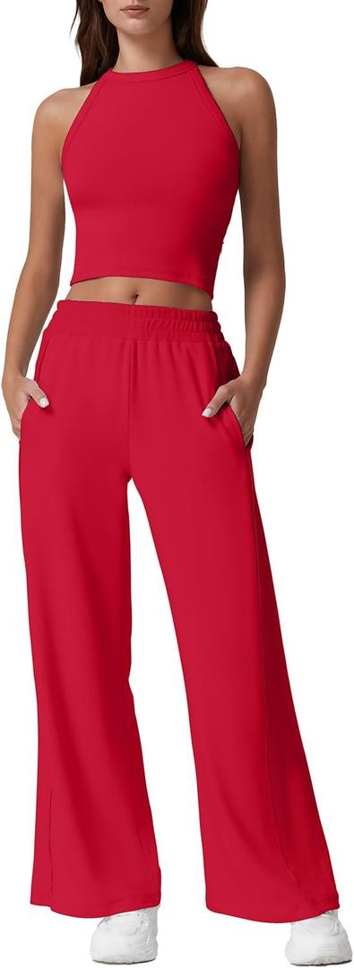 QINSEN Women's 2 Piece Sets Summer Ribbed Knit Crop Tank Tops Wide Leg Pants Sleeveless Tracksuit (Medium, Red)