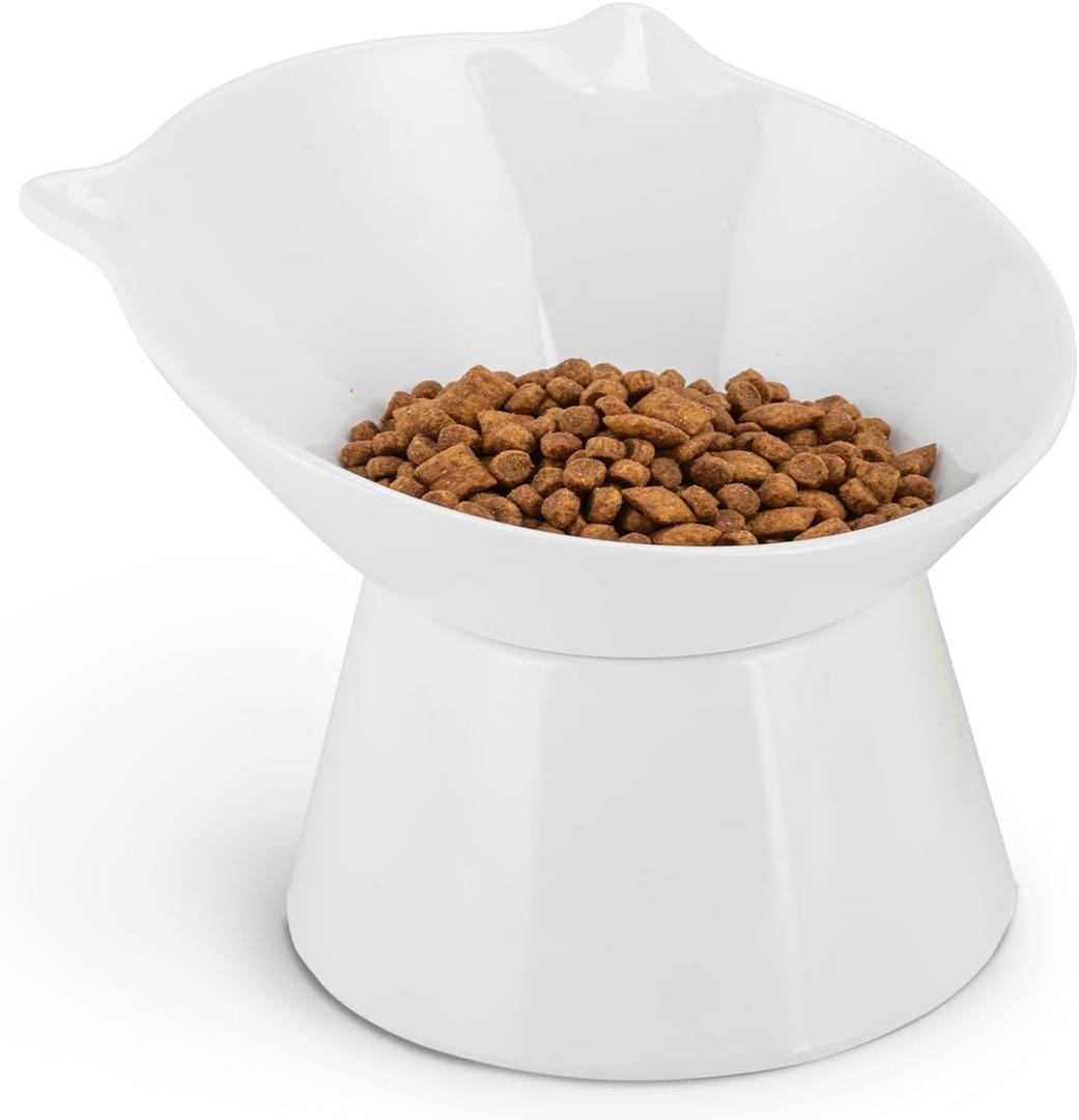 Raised Cat Bowls, 6.3" Extra Wide Shallow Elevated Cat Bowl Detachable, 15° Tilted Whisker Friendly Cat Feeding Bowl, 16oz Capacity, Anti-Vomiting, Neck Protection, Food&Water for Cats Puppies, White
