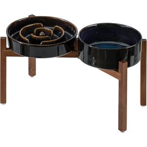 Ceramic 1.6 Cup Raised Slow Feeder Dog Bowl Set, Elevated 7.3inch Bowl and 8.2inch Dish with Acacia Wood Stand for Medium and Large Dog(2 x Starry Sky+ Stand)