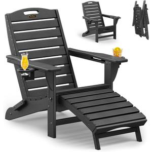 Folding Adirondack Chair with Retractable Ottoman Weather Resistant Fire Pit Chair Patio Chair with 2 Cup Holder Lawn Outdoor Lounge Chair (Black)