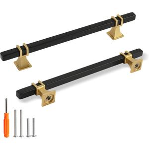 Cabinet Pulls Matte Black and Gold Cabinet Handles, 5 Pack 6-1/4 Inch Kitchen Door Cupboard Wardrobe Drawer Handles, Cabinet Hardware Bar Drawer Pulls, 160mm Hole Centers