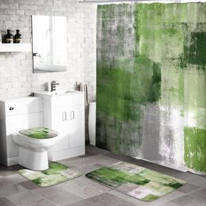 MitoVilla 4 Pcs Sage Green Shower Curtain Sets with Rugs for Bathroom Decor, Ombre Bathroom Sets with Shower Curtain and Rugs and Accessories, Grunge Style Bathroom Curtain Set with Mats