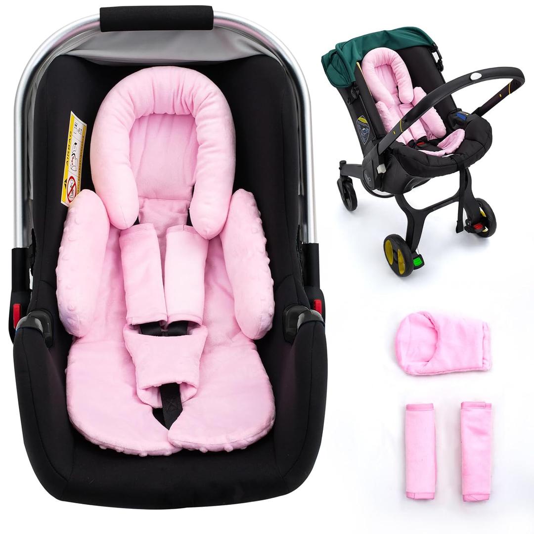 Infant Car Seat Insert with 3 Shoulder & Crocth Covers, Thickened Carseat Head and Body Support for Infant, Reversible Baby Car Seat Cushion for Boys Girls, Soft Mink Dot Newborn Insert for Preemie (Pink)