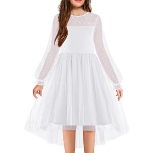Arshiner Girls Dresses Contrast Mesh Long Sleeve Twirly High Low Birthday Party Formal Dress (16, White)