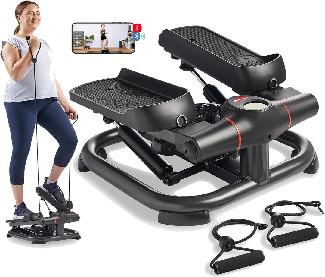 Sunny Health & Fitness 2-in-1 Premium Power Stepper with 400lbs Weight Capacity and Resistance Bands, Low-Impact Cardio, Space-Saving, Height-Adjustable, with Bluetooth and Free SunnyFit App (One Size, Heavy Duty)