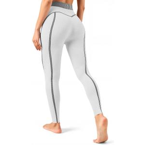 Fisoew Women's High Waisted Yoga Leggings Striped Seamless Butt Liftting Stretchy Running Gym Workout Pants White, M