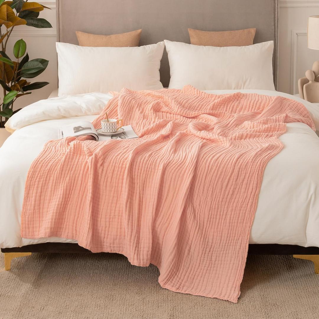 EMME Cotton Blanket Queen Size for Bed Soft Large Muslin Bed Blankets 135cm x 160cm Lightweight Breathable All Season Gauze Blanket, Pink 