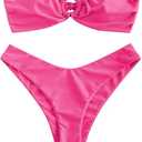 ZAFUL Women's Bandeau Bikini O Ring Strapless Tie Back High Cut Two Piece Swimsuit Bathing Suits L, Magenta