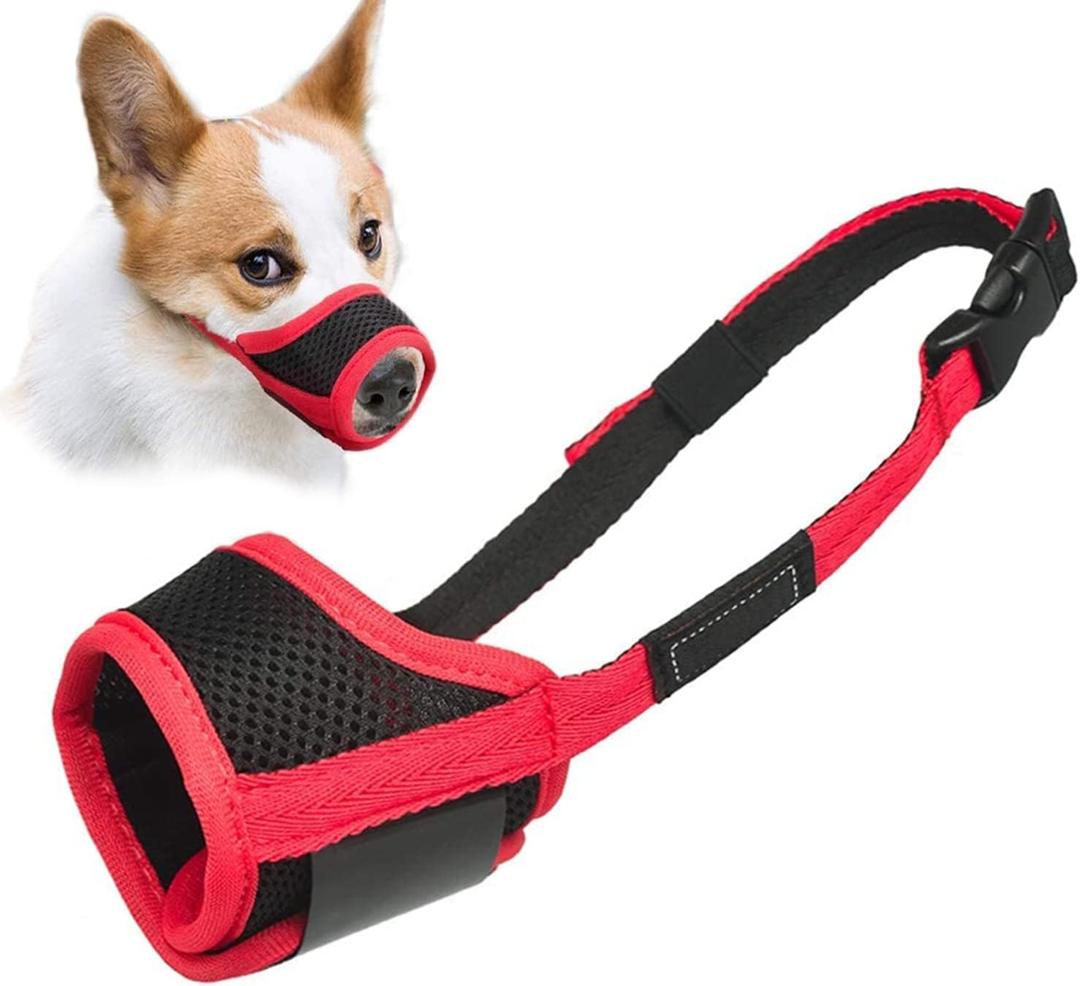LUCKYPAW Dog Muzzle Anti Biting Barking and Chewing with Comfortable Mesh Soft Fabric and Adjustable Strap, Suitable for Small, Medium and Large Dogs(Red Trim,XS) (XS-Snout(3-4"))